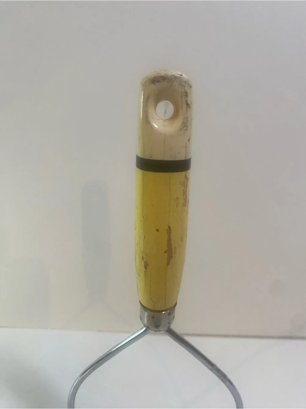 Vintage Wooden Yellow White Handle With Black Stripe Potato Masher